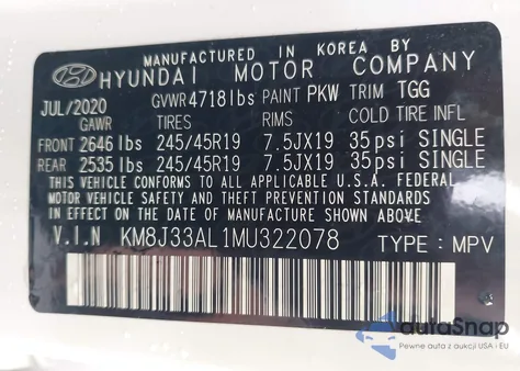2021 Hyundai Tucson Sport z USA, uszkodzony, nr VIN KM8J33AL1MU322078